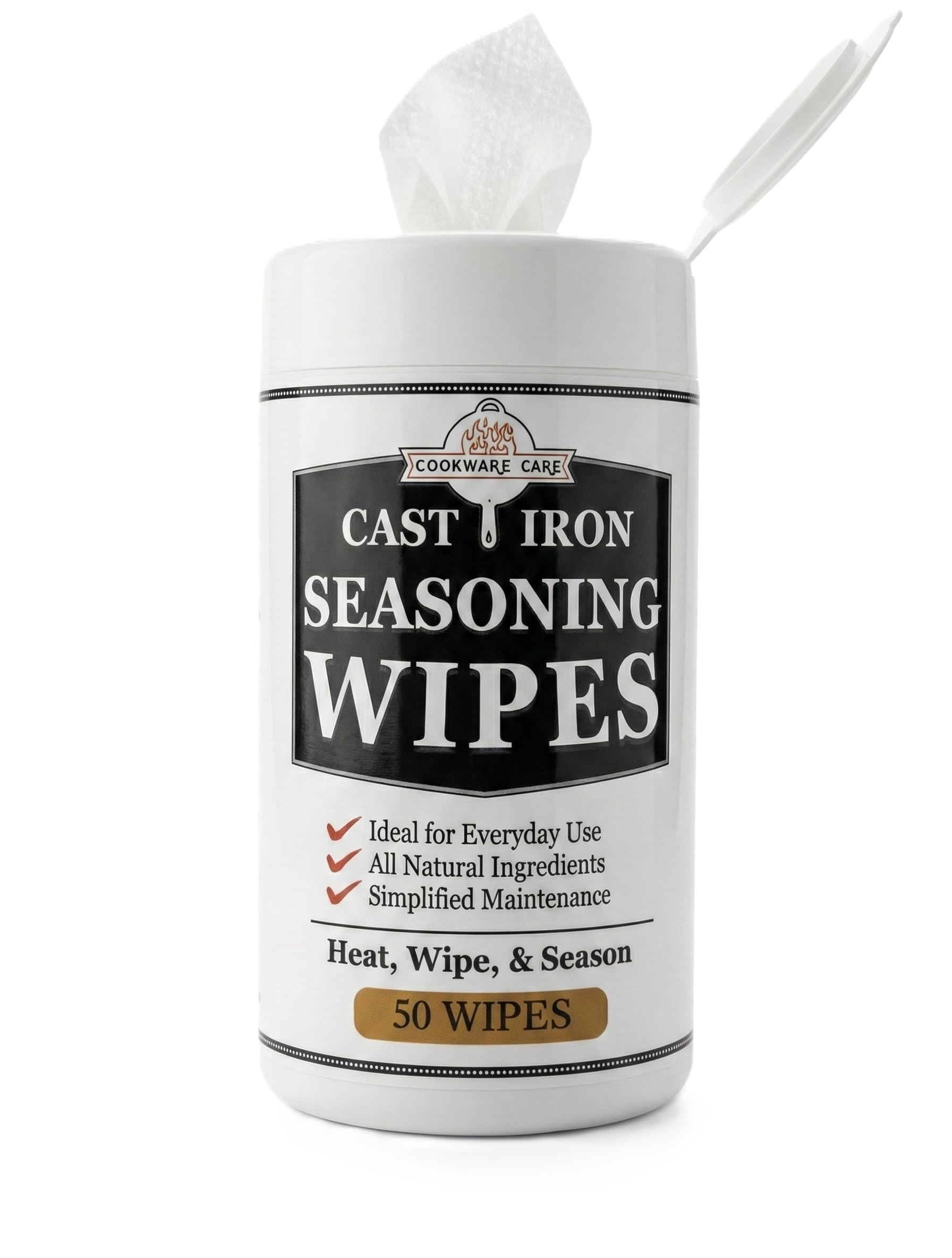 Cookware Care Cast Iron Seasoning Oil Wipes, 50 Wipes, Made in USA with Grapeseed Oil for Cast Iron Skillet, Blackstone Griddle (1 pack)