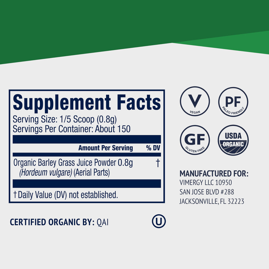 Vimergy Barley Grass Juice Powder Dietary Supplement - 0.8g per Serving (150 Servings) – Clean Superfood Formula – Promotes Cardiovascular Health* – Organic, Vegan & Gluten-Free – Travel Size 120g