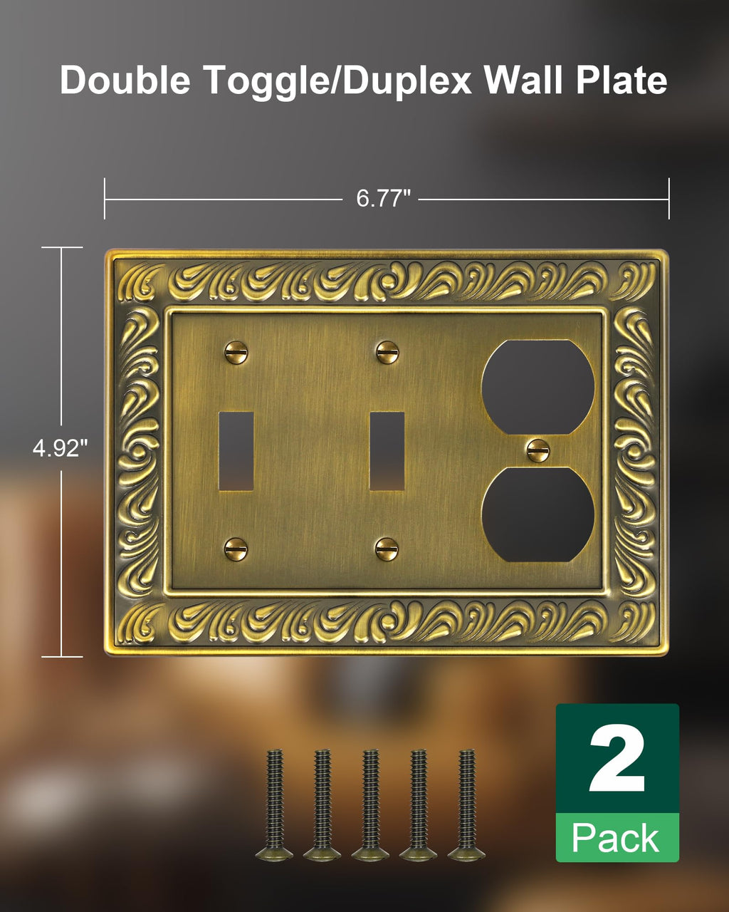 TREEWELL 2-Pack Combo Double Toggle/Single Duplex Outlet Covers, Paisley Pattern Decorative Switch Plates and Outlet Covers, 4 Gang Antique Brass Metal Wall Plates, Corrosion Resistant
