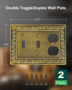 TREEWELL 2-Pack Combo Double Toggle/Single Duplex Outlet Covers, Paisley Pattern Decorative Switch Plates and Outlet Covers, 4 Gang Antique Brass Metal Wall Plates, Corrosion Resistant