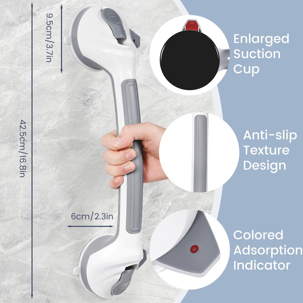 Reyiu Grab Bars for Bathtubs and Showers, 16.5 Inch Handicap Shower Handle Safety with Indicators, Suction Cup Grab Bar for Shower Chair Stool, Seniors, Elderly (2 Pack)