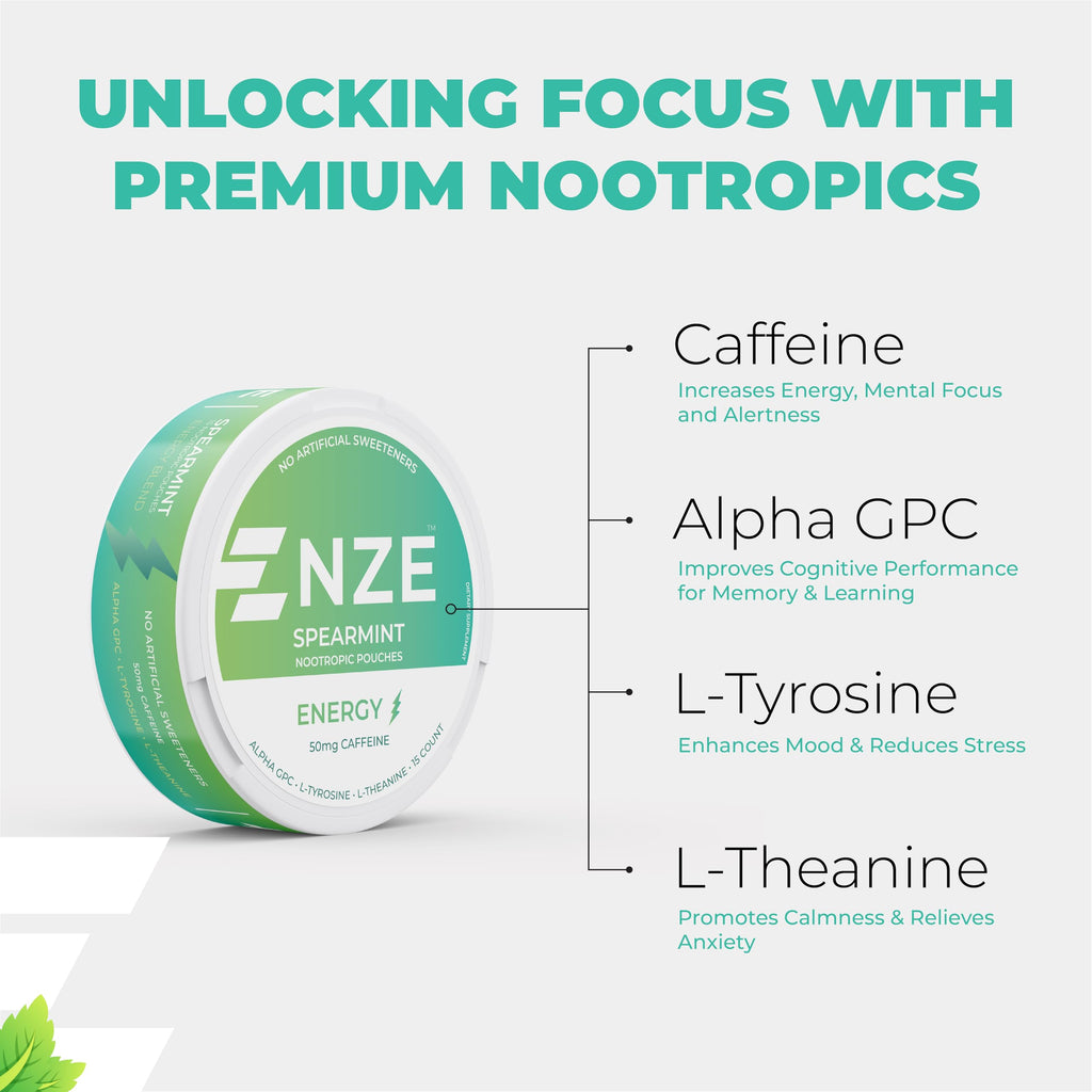 NZE Caffeine Nootropic Pouches (Spearmint) - Energy Pouches with 50mg Caffeine, Alpha GPC, L-Tyrosine & L-Theanine with No Sugar or Artificial Sweeteners - 15 Pouches Per Can - 5 Pack