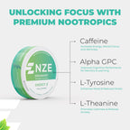 NZE Caffeine Nootropic Pouches (Spearmint) - Energy Pouches with 50mg Caffeine, Alpha GPC, L-Tyrosine & L-Theanine with No Sugar or Artificial Sweeteners - 15 Pouches Per Can - 5 Pack