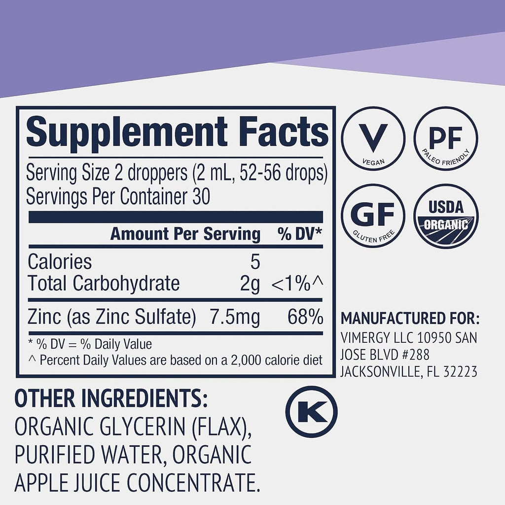 VIMERGY USDA Organic Zinc Supplements for Women & Men (7.5mg Liquid Zinc Per Serving) Fast-Absorbing Immune Support, Promotes Healthy Bones & Skin, Vegan