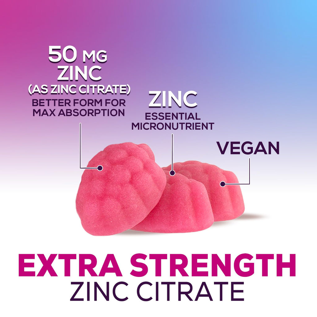 Zinc Gummies 50mg per Serving - Extra Strength Immune Support Antioxidant Gummy, Non-GMO & Gluten Free - Best Zinc Supplement for Skin Bone & Heart Health - Chewable Tasty Berry Flavor - 120 Gummies