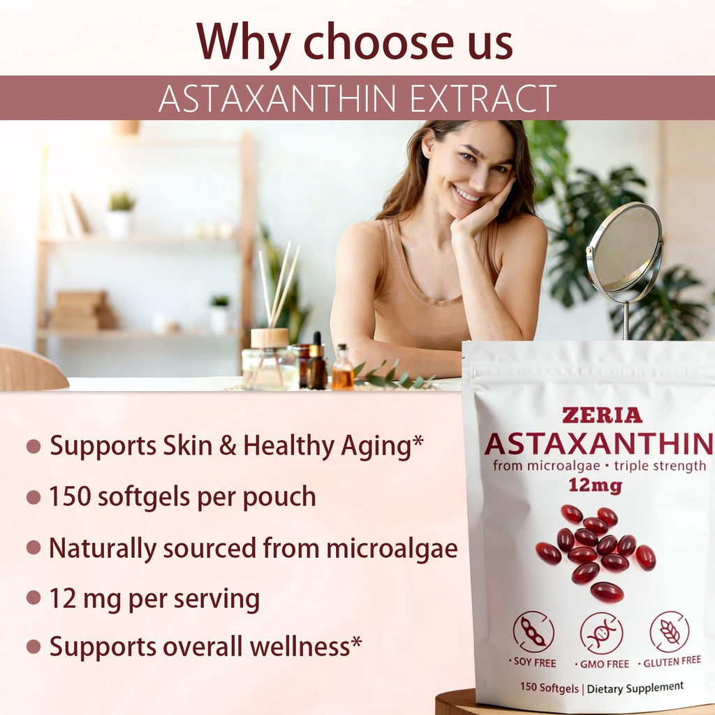 ZERIA Astaxanthin 12mg, Natural Microalgae Antioxidant for Eye, Skin & Immune Support - 150 Softgels