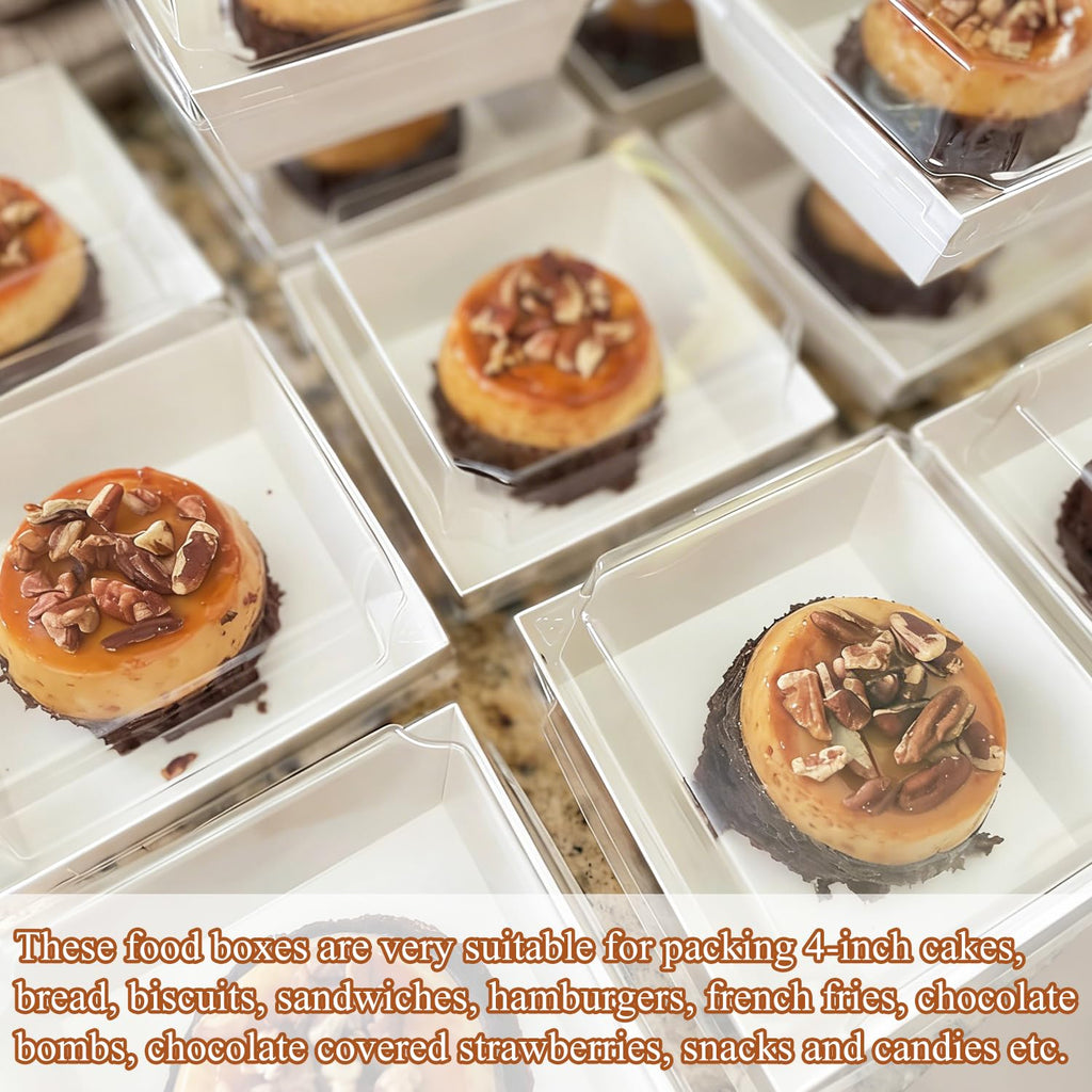 BUIYLV 50 Pack Charcuterie Boxes with Clear Lids, 4 Inches White Dessert Boxes To Go Disposable Mini Charcuterie Boxes for Cookie, Sandwich, Strawberry, Cupcake, Macaron, Cake Slice