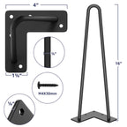 SMARTSTANDARD 16" Hairpin Furniture Legs, Metal Home DIY Projects for Nightstand, Coffee Table, Desk, etc with Rubber Floor Protectors Black 4PCS