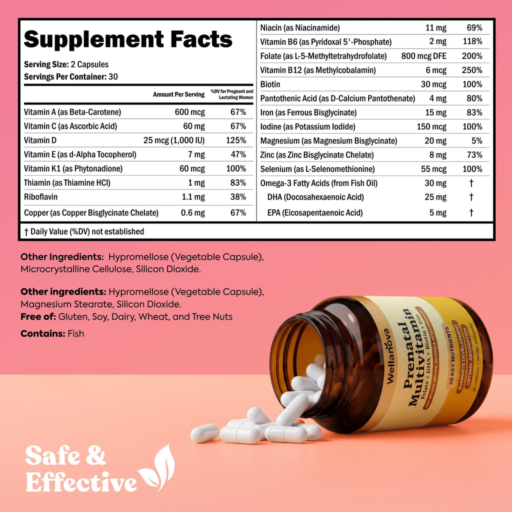 Wellanova Prenatals Multivitamin for Women – with Iron – Family Planning & Pregnancy Prenatal Vitamins with DHA, Folate & Gentle Chelated Minerals – 60 Capsules