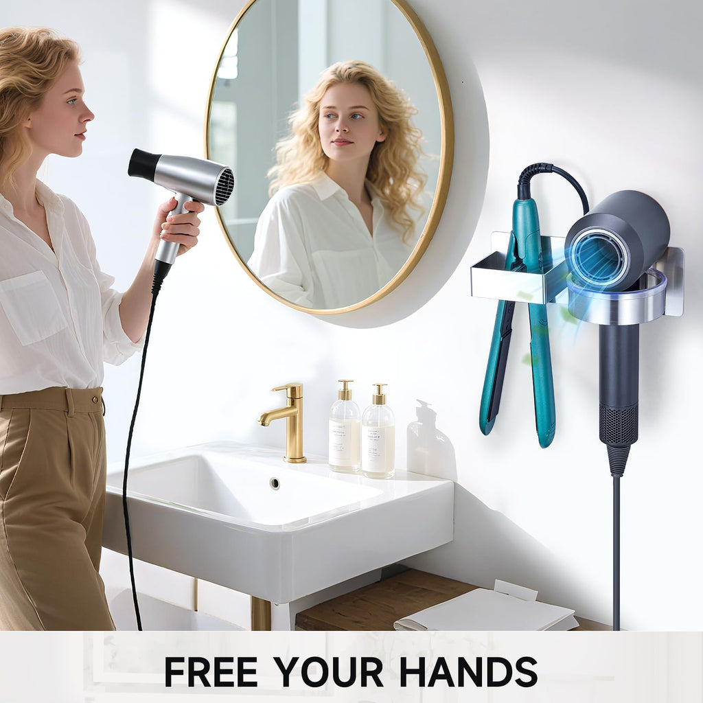 Hair Dryer Holder Wall Mounted, Hair Straightener Holder, Blow Dryer Holder Adhesive, Hair Tool Organizer for Flat Iron, Hairdryer, Curling Iron Holder for Bathroom Vanity Barber Shop (Silver)