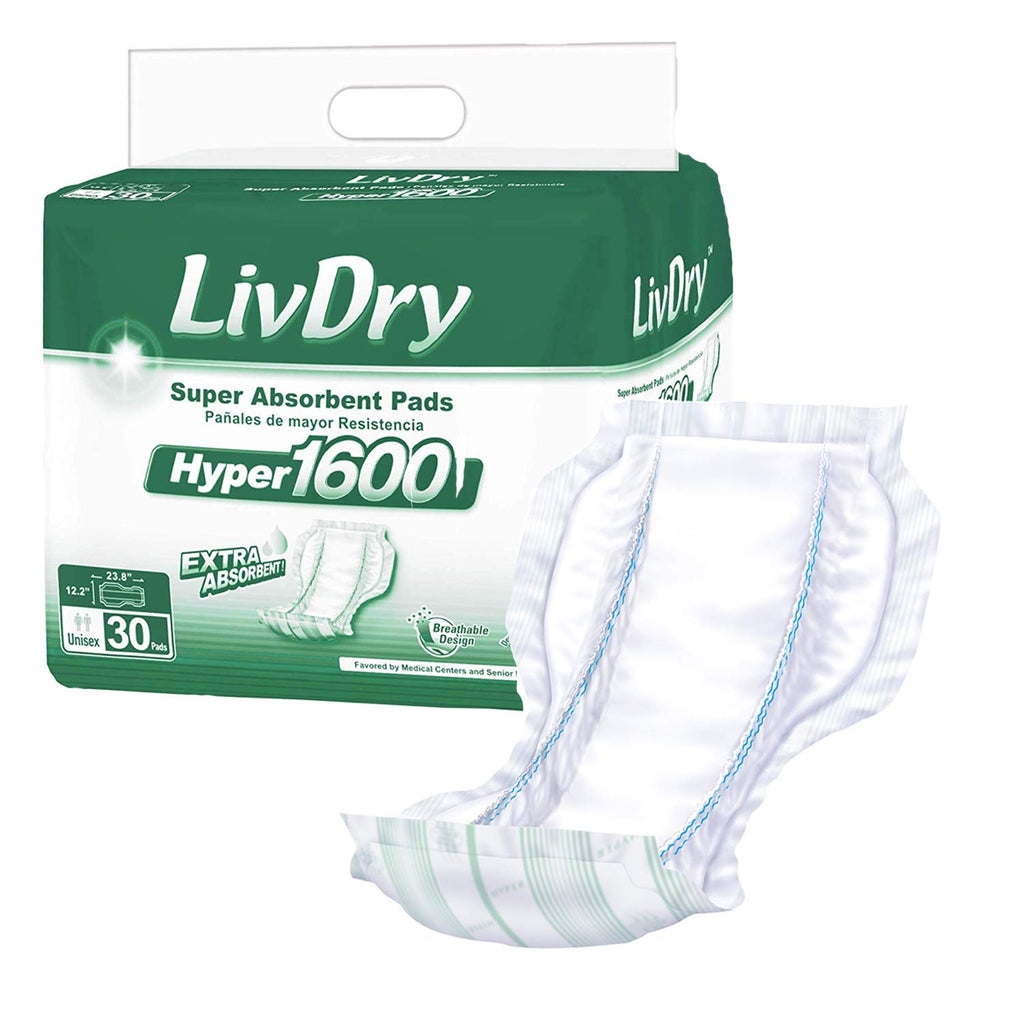 LivDry High Absorbency Pad Insert for Incontinence Briefs and Adult Diapers, Women and Men, Hyper 1600 (30 Count)