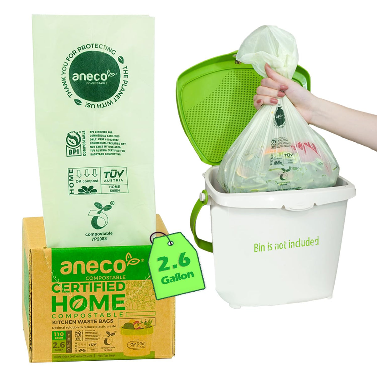 (Include 10 Bonus Bags) ANECO 100% Compostable Waste Bags 2.6 Gallon