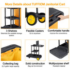 TUFFIOM Extra Large Commercial Traditional Cleaning Janitorial 3-Shelf Cart, 500 Lbs Capacity Housekeeping Cart, 42.5" L x 18.7" W x 37.6" H, Wheeled with 22 Gallon Yellow VinylBag Cover w Lid, Black