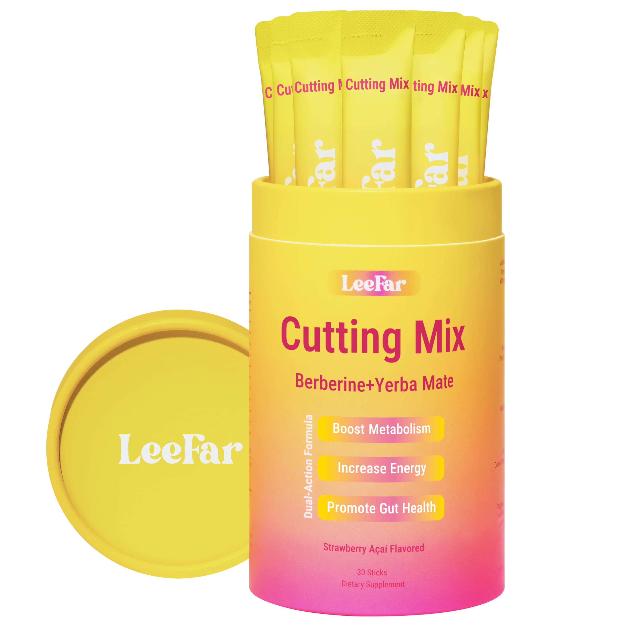 Leefar Cutting Drink Mix - Berberine, 5-HTP & Yerba Mate for Satiety Signaling, Metabolism & Gut Health - Strawberry Açaí Flavored, 30 Count