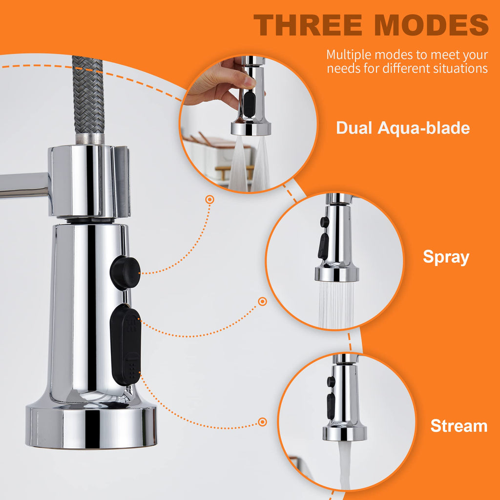 TIORIY Kitchen Faucet Head Replacement with 15 Adapters, 3 Function Pull Down Kitchen Faucet Spray Head, Pull Out Kitchen Sink Tap Sprayer Nozzle, Chrome, Plastic