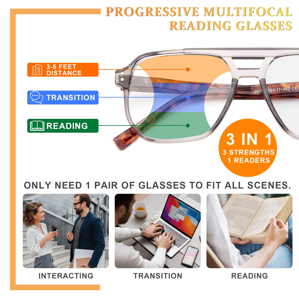 JO Progressive Multifocus Reading Glasses Men Women - No Line Progressive Reader Half-Rim for Mid-Near (Black/Tortoise, 2.50, x)