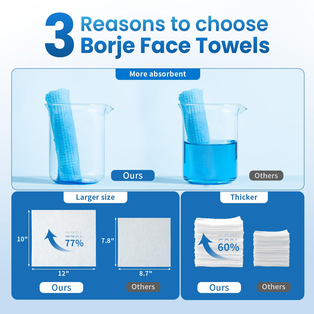 Borje Face Towels XXL, Disposable Face Towel 10" x 12", 100 Count (2 Packs of 50), 100% USDA Biobased Facial Towelettes, Ultra Soft & Hygienic Makeup Remover Dry Wipes for Women Cleansing