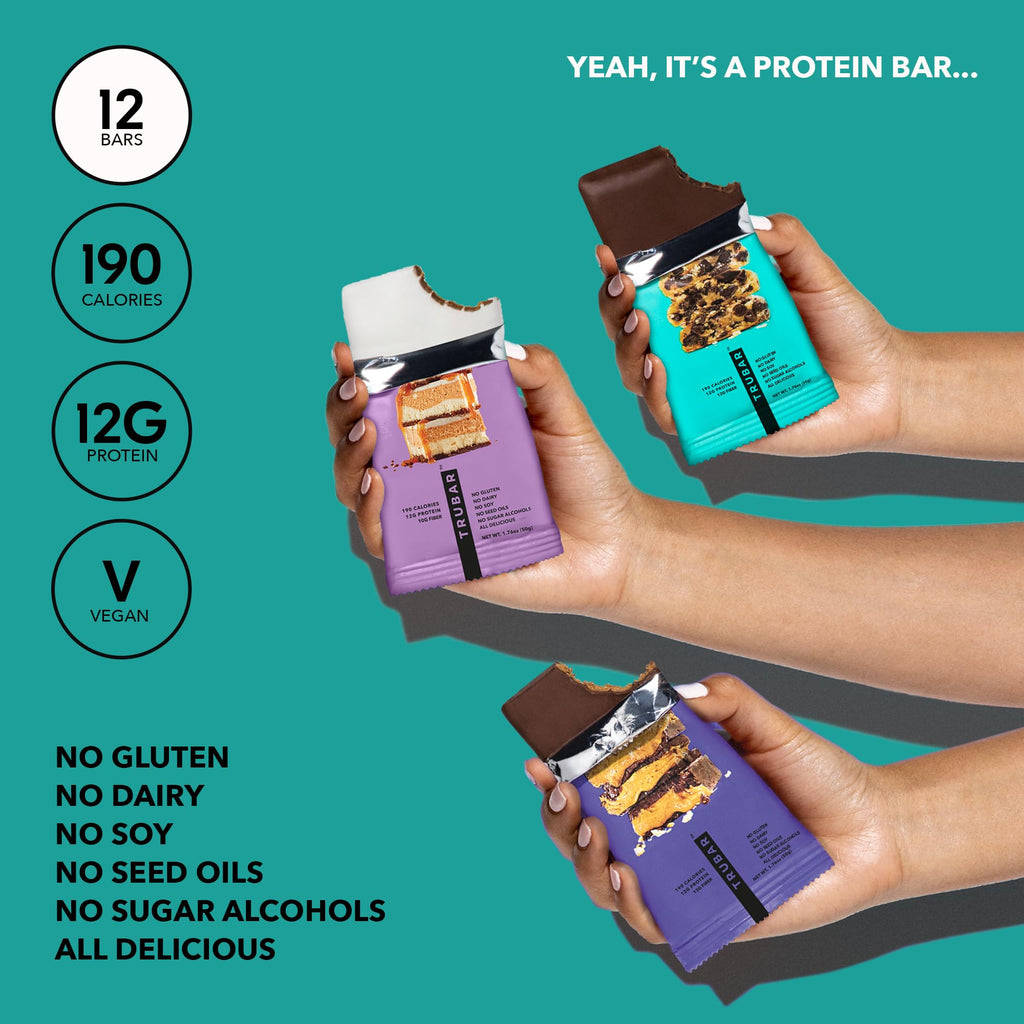 TRUBAR Vegan Protein Bar Variety Pack, Assorted Flavors, Peanut Butter, Macchiato, Cookie Dough, Gluten Free, Vegan Protein Snacks, 12G Plant-Based Protein, High Fiber, Healthy Protein Bars, 12 CT