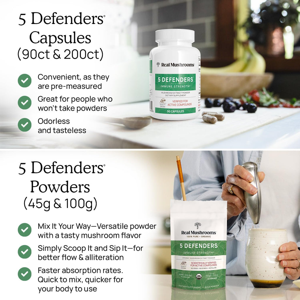Real Mushrooms 5 Defenders - Adaptogenic Mushrooms Complex with Chaga, Reishi, Turkey Tail, Maitake & Shiitake for Wellness Support - Mushroom Beta Glucan Capsules - 90 Count (Pack of 2)