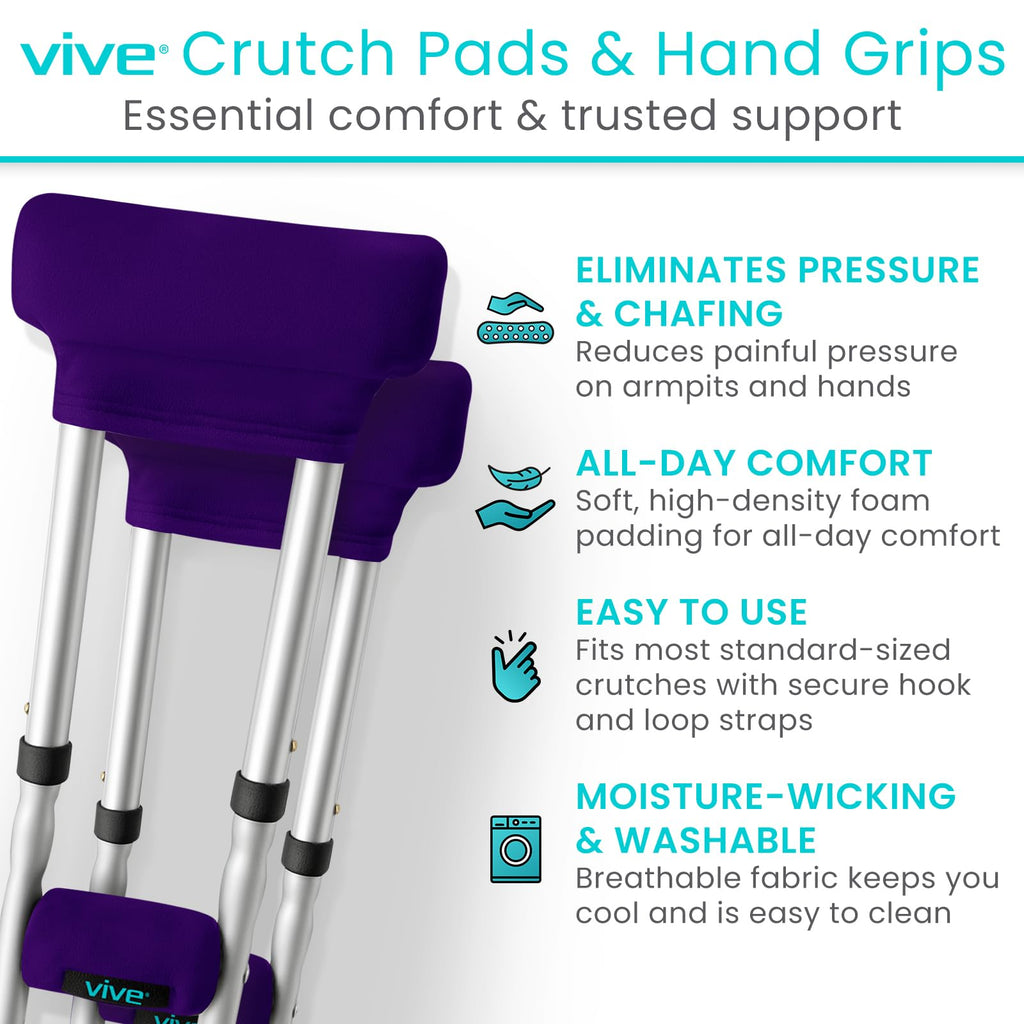 Vive Premium Crutch Pads & Hand Grips - Comfortable, Breathable, Machine Washable Padding - Moisture Wicking & Odor Reducing Pillow Accessory Covers for Adult & Youth Walking Crutches