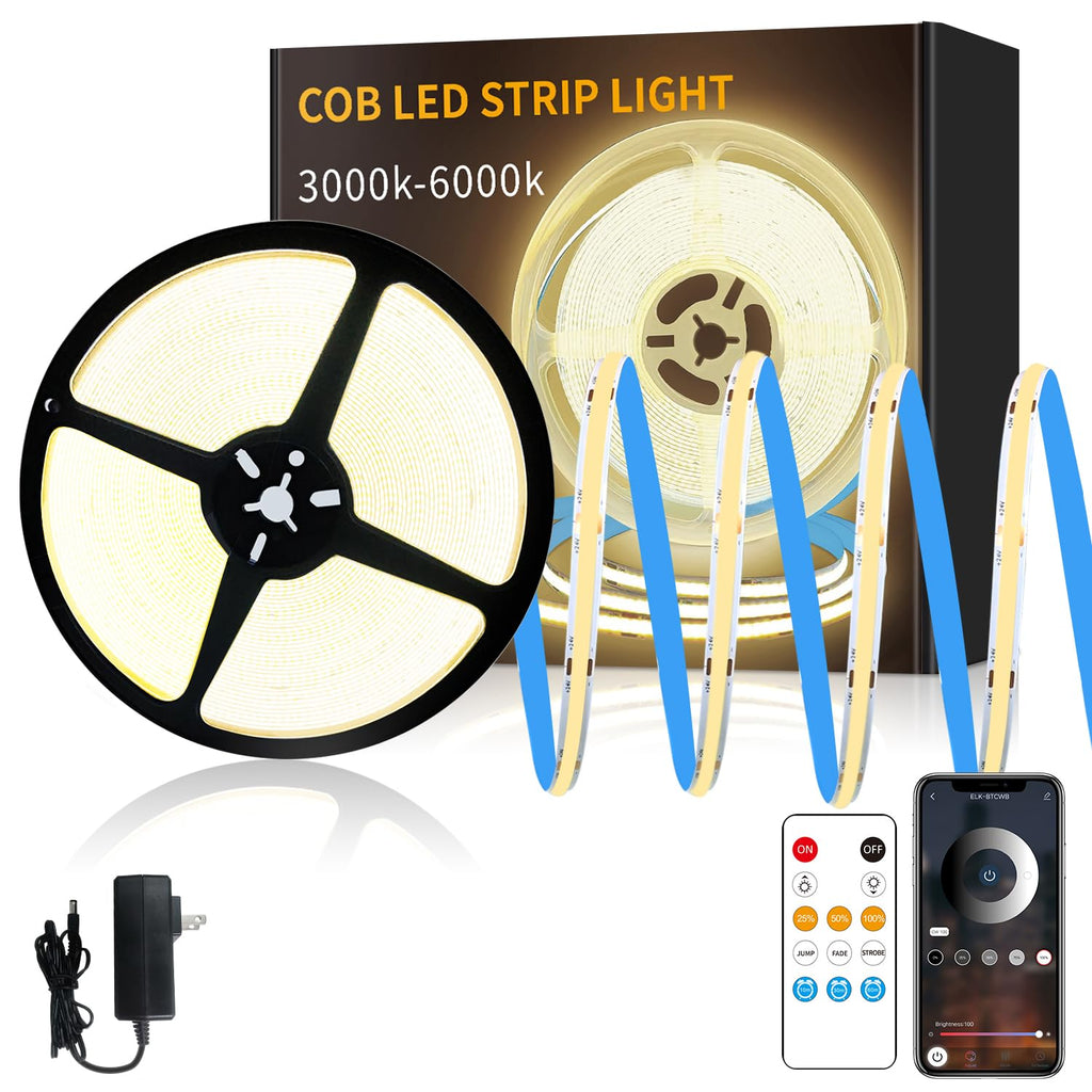 Yeewhale 50FT COB LED Strip Lights 3000K Warm White Dimmable DC 24V Flexible LED Tape Light for Bedroom, with Remote and App Control LED Light Strip,for DIY Home Decoration