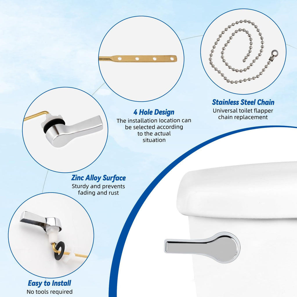 Hibbent Universal Front Mount Metal Toilet Handle Replacement Kit, Brass Toilet Tank Flush Lever with Stainless Steel Adjustable Flapper Chains for Most Toilets, Chrome