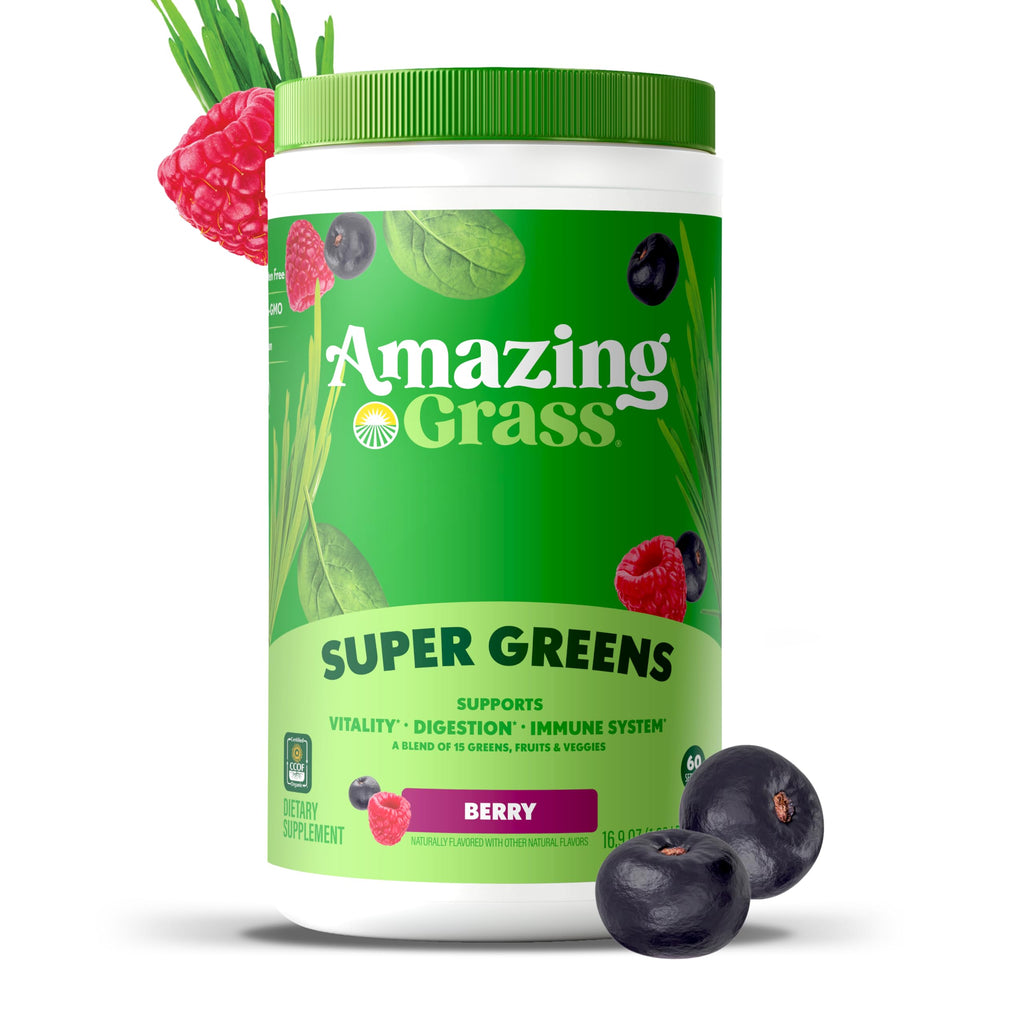 Amazing Grass Greens Blend Superfood: Super Greens Powder Smoothie Mix with Spirulina,Chlorella,Beet Root Powder,Digestive Enzymes & Probiotics,Berry,60 Servings (Packaging May Vary),(Pack of 2)