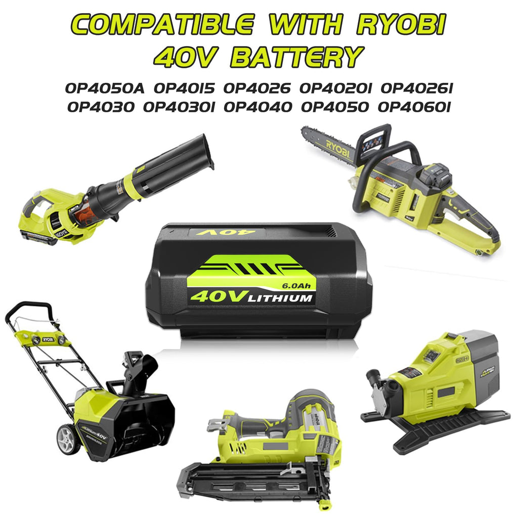 1 Pack 6000mAh High Capacity Replacement for Ryobi 40V Battery 6.0Ah Compatible with Ryobi 40 Volt Lithium Battery OP4026 OP40601 OP4050A OP4040 OP4030 OP4050 Compatible with 40V Cordless Tool(Green)
