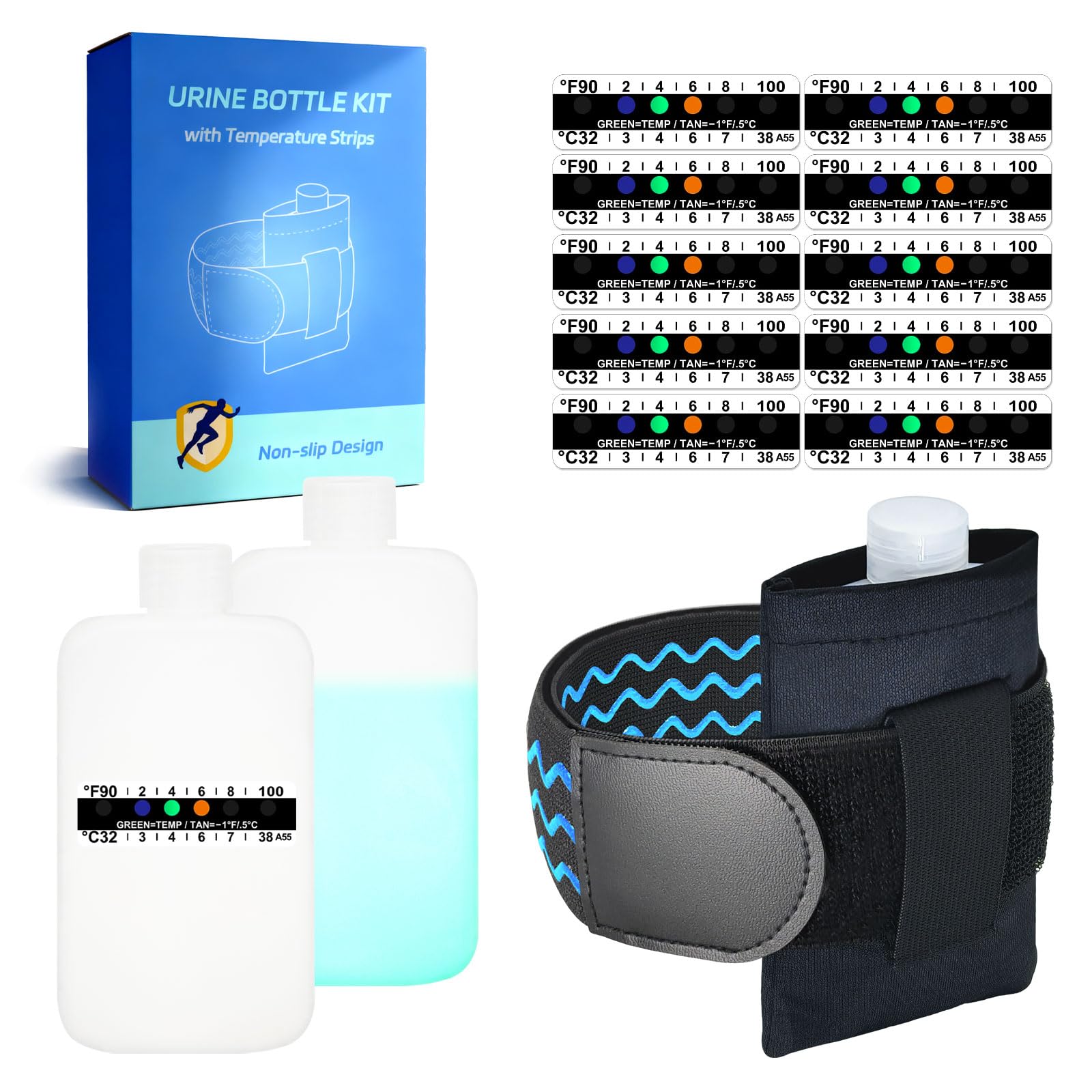 Complete Urine Test Kit - 3.5 oz Translucent Smaller Bottle, Hidden Non-Falling Leg Strap, High Elasticity, Urine Test Thermometer Label and Bag