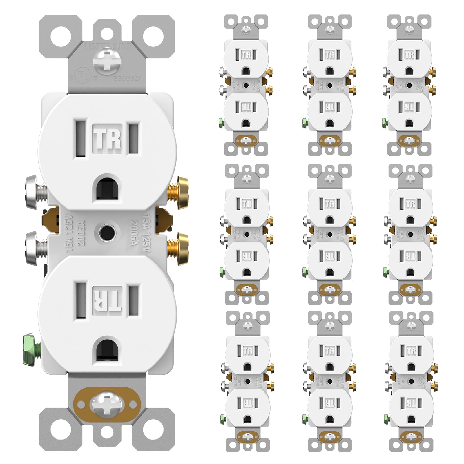 AIDA 10 Pack Matte White 15 Amp Outlet Duplex Electrical Receptacle Outlets,Power Outlet,Tamper Resistant,Heavy-Duty Receptacle, 2 Pole,3-Wire, Self-Grounding Clip, NEMA 5-15R,UL Listed