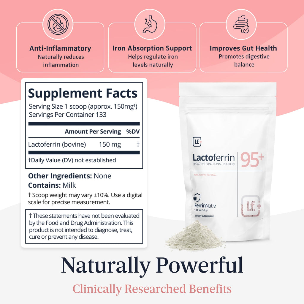 Lactoferrin Powder 250g – 95%+ Pure Bovine from Grass-Fed Australian Cows Helps in Immune & Gut Support, Iron Absorption, Skin & Bone Health, Neutral Taste (Recommended 250mg Per Serving) (250, Grams)