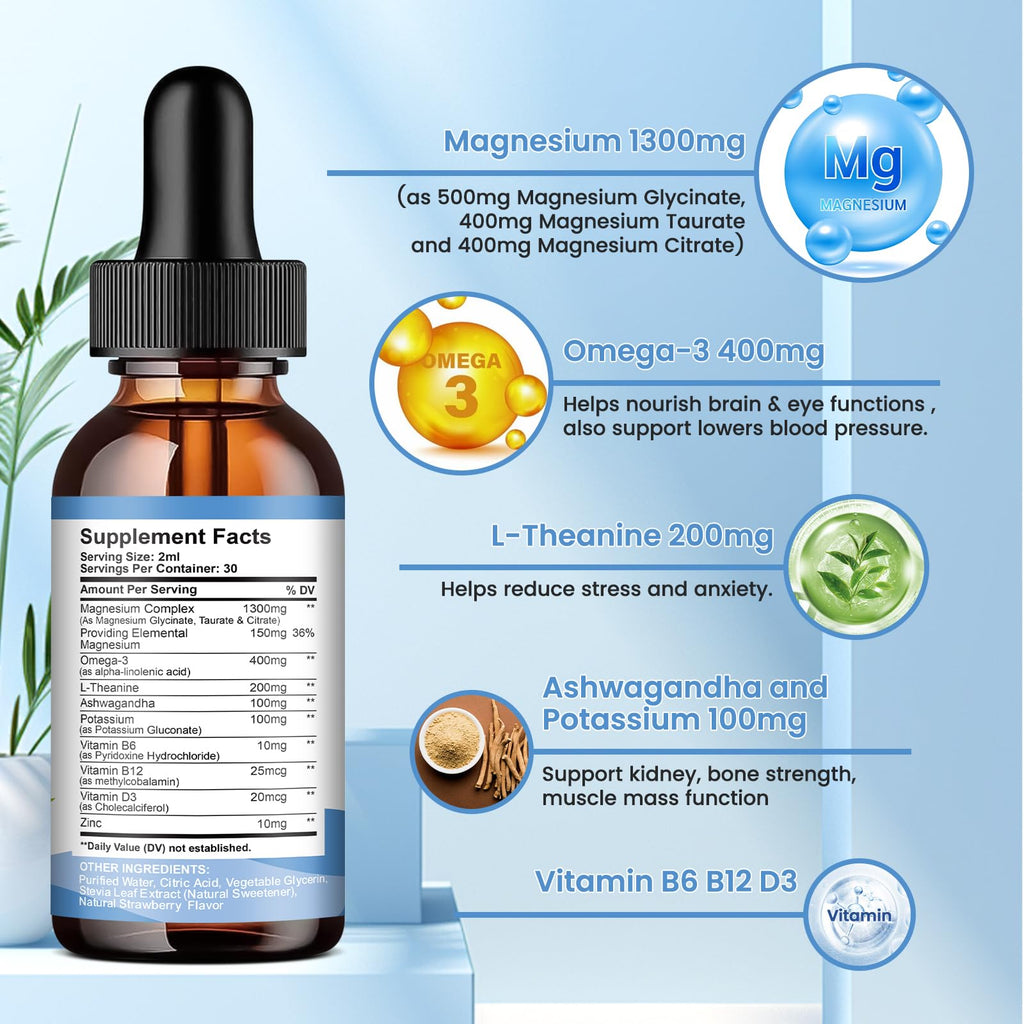 Triple Magnesium Complex Liquid Drops, 1300mg Magnesium Glycinate, Taurate & Citrate with Omega3, L-Theanine, Ashwagandha, Potassium, D3, B6, B12 for Calm, Sleep, Muscle, Strawberry Flavor, 2 Fl OZ