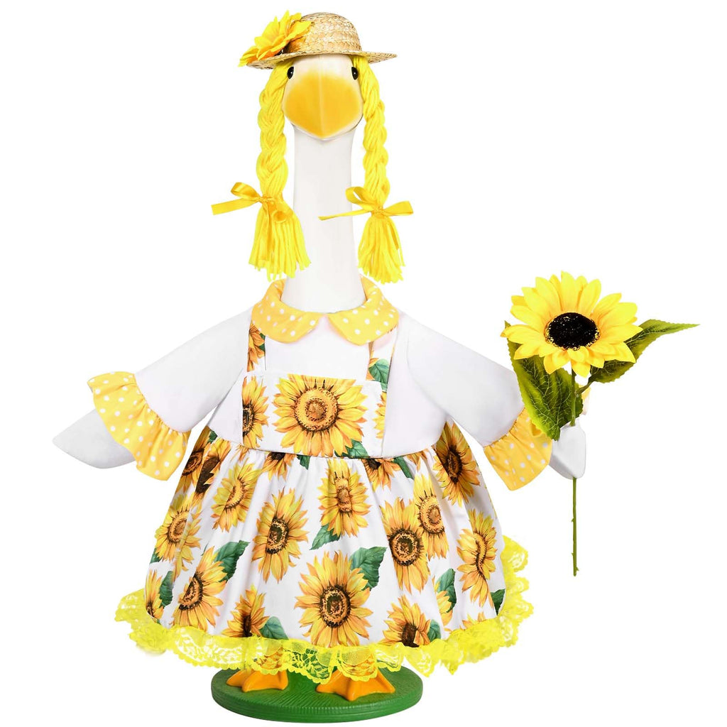 JcHrmers Sunflower Goose Outfit Sunflower Dress and Straw Hat Porch Goose Clothes Fits 23" Cement or Plastic Goose Statue for Spring Summer Outdoor Garden Lawn Yard Patio Decor