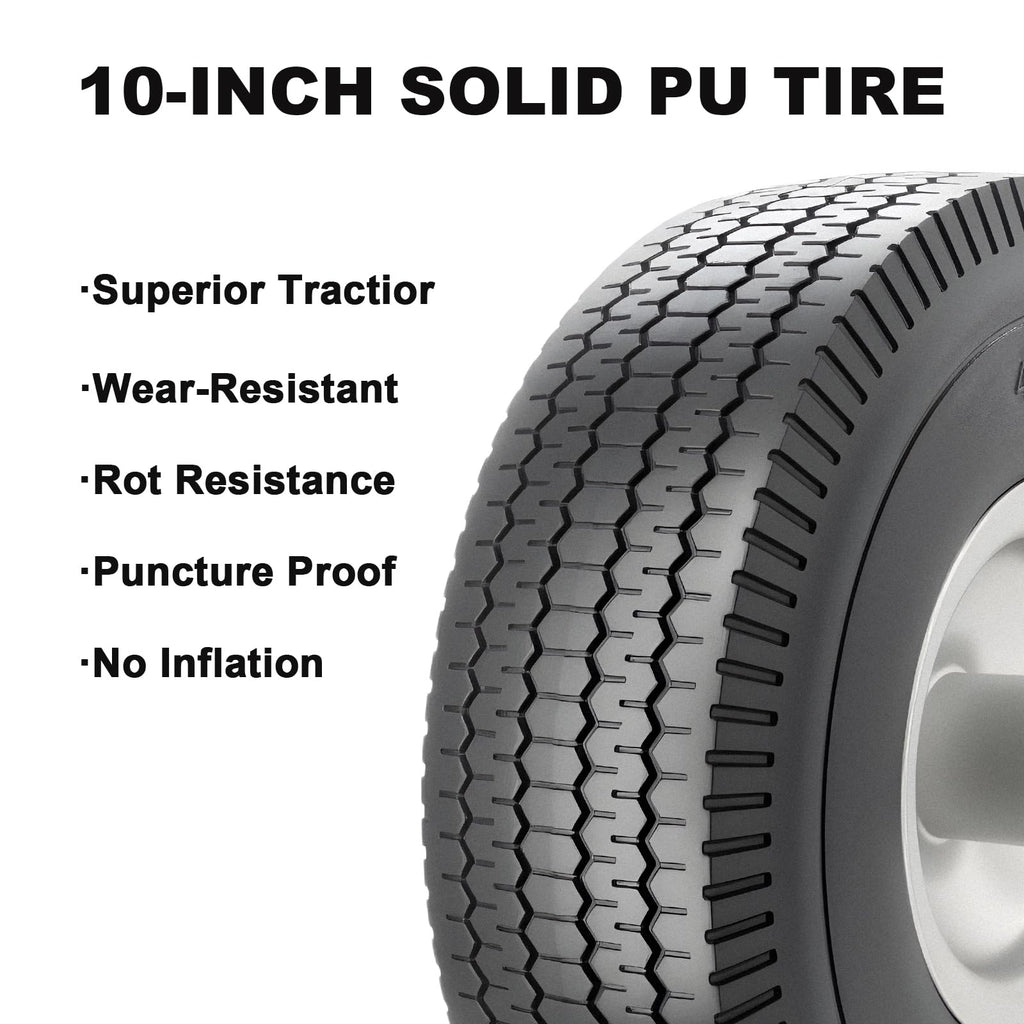 CYHOBK 2-Pack 4.10/3.50-4" Flat Free Solid Rubber Tires - 10" Replacement Wheels with 5/8" Axle Bore, 2.2" Offset Hub for Gorilla Cart, Hand Truck, Garden Wagon, Dump Carts - Puncture Proof