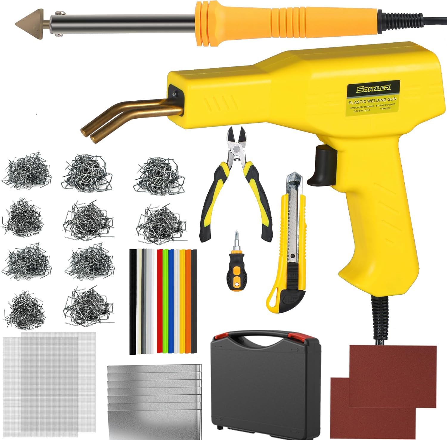 Plastic Welder, 2 in 1 Plastic Welding Kit, SONNLER 1000PCS Hot Stapler Plastic Repair Kit For Car Bumper Crack Repair with Iron, Rods, Metal Mesh, Abrasive Paper, Aluminum Tape