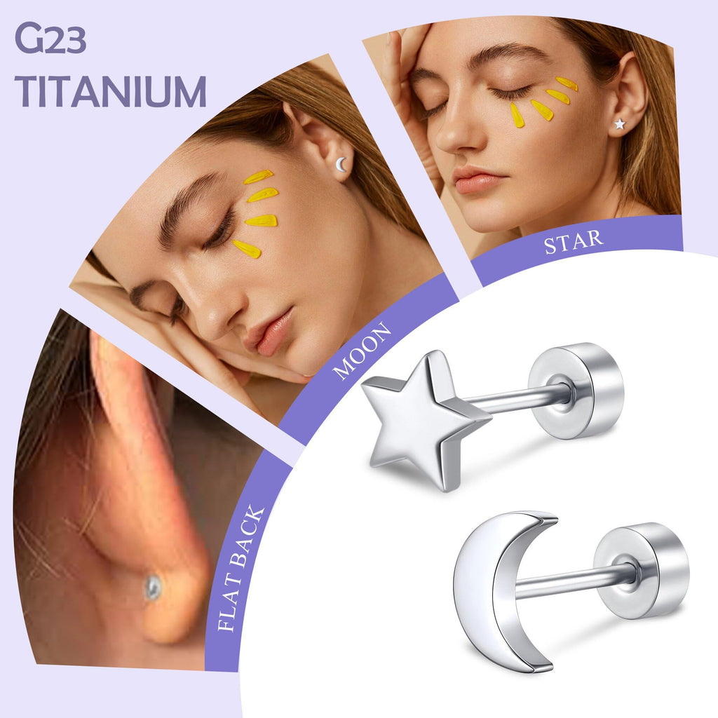 FACOKO 2 Pairs Flat Back Earrings for Women, Silver Star and Moon Earring, Titanium Screwback Studs, Hypoallergenic Silver Cartilage Stud for Sensitive Ears