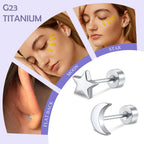 FACOKO 2 Pairs Flat Back Earrings for Women, Silver Star and Moon Earring, Titanium Screwback Studs, Hypoallergenic Silver Cartilage Stud for Sensitive Ears