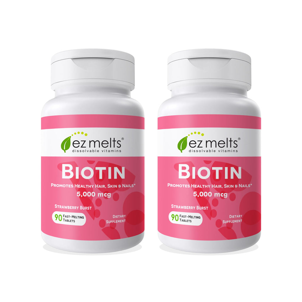 EZ Melts Biotin - Daily Vitamin B7 for Healthy Hair, Skin & Nails - Energy Metabolism Support - No Artificial Flavors - Non-GMO & Vegan - Strawberry Burst - 180 Dissolvable Tablets (180 Servings)