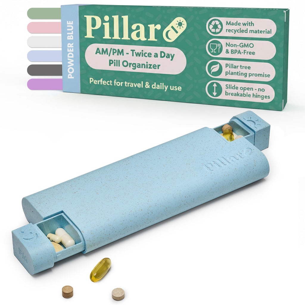 Pillar AM/PM Pill Box Organizer Two Times a Day | Aesthetic 7 Day Tablet Organizer 2 Times A Day | Beautiful Weekly Pill Box for Day and Night Medication (Powder Blue)