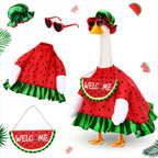 Sunnymove Summer Watermelon Porch Goose Outfits Summer Dress with Frilled Hat & Skirt Welcome Wooden Sign Fits 23" Cement Goose Statue Outdoor Garden Yard Patio Lawn Decor(Watermelon)