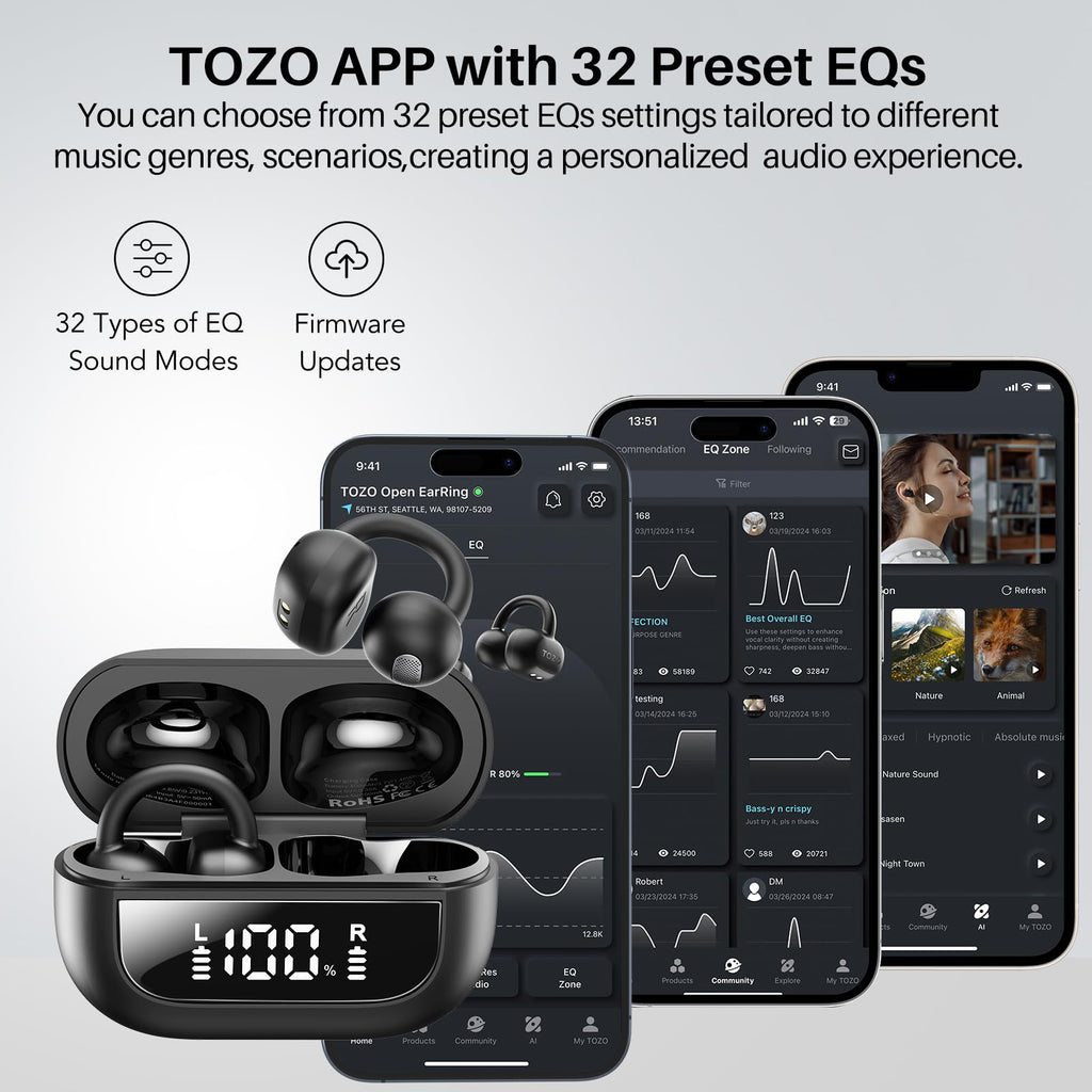 TOZO OpenEarRing Open Ear Earbuds 40H Bluetooth 5.4 Lightweight Comfort