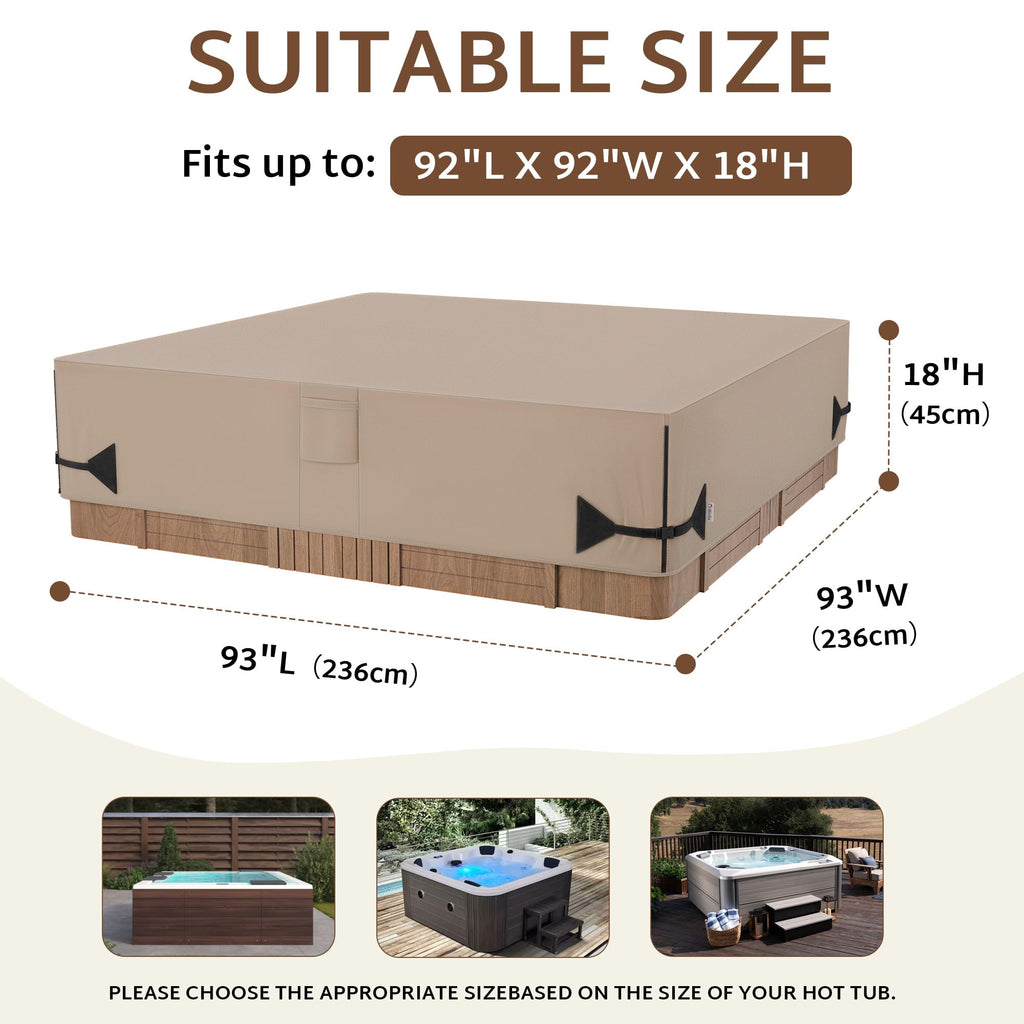 iBirdie Outdoor Waterproof Hot Tub Cover 93 x 93 inch fit 92 x 92 or 91 x 91 or 90 x 90 Square SPA 600D Heavy Duty Weatherproof Cover Protectors Protective Cap, Brown