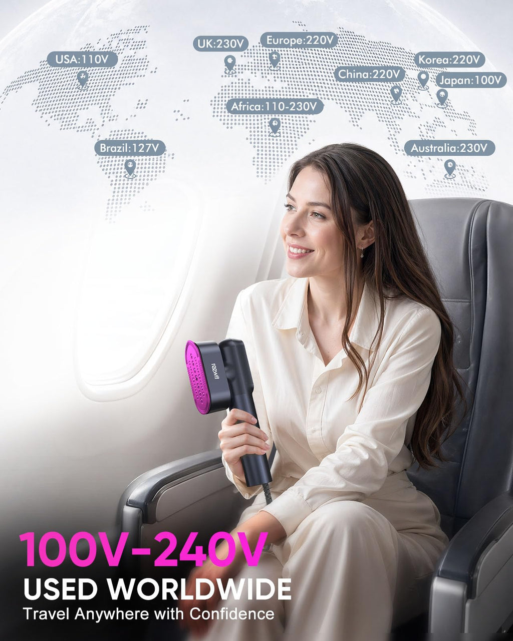 Travel Steamer for Clothes,100-240V Travel Steamer & Iron 2 in 1 with Fast Heat-Up,1200W Portable Handheld Garment Steamer,Travel Size,Large Heat Panel,Fabric Quick Wrinkle Remover for Global & Europe