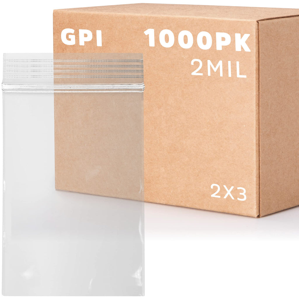 GPI - 1000 Count, 2" x 3" Clear Plastic Resealable Zip Bags, Bulk 2 Mil, Strong & Durable Poly Baggies with Resealable Zip Top Lock for Travel, Storage, Packaging & Shipping