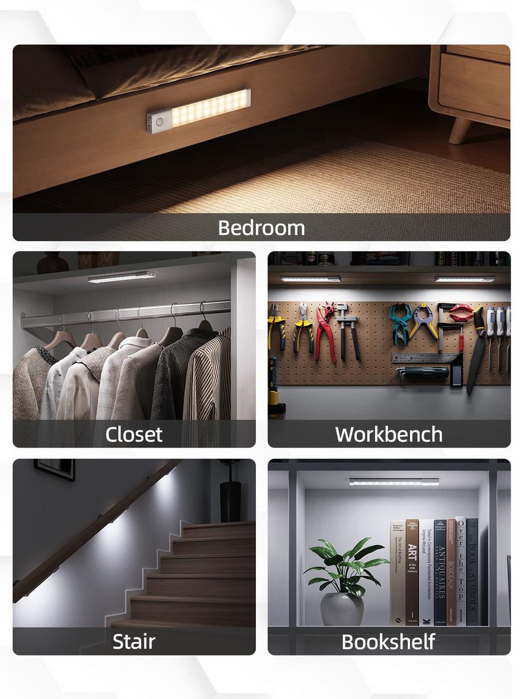EZVALO Under Cabinet Lighting with Charging Station, 8 inch Motion Sensor Light Indoor, 1100mAh Rechargeable LED Light, 3 Color Temperatures, Dimmable Counter Lights for Kitchen, Closet, Stair (3Pack)