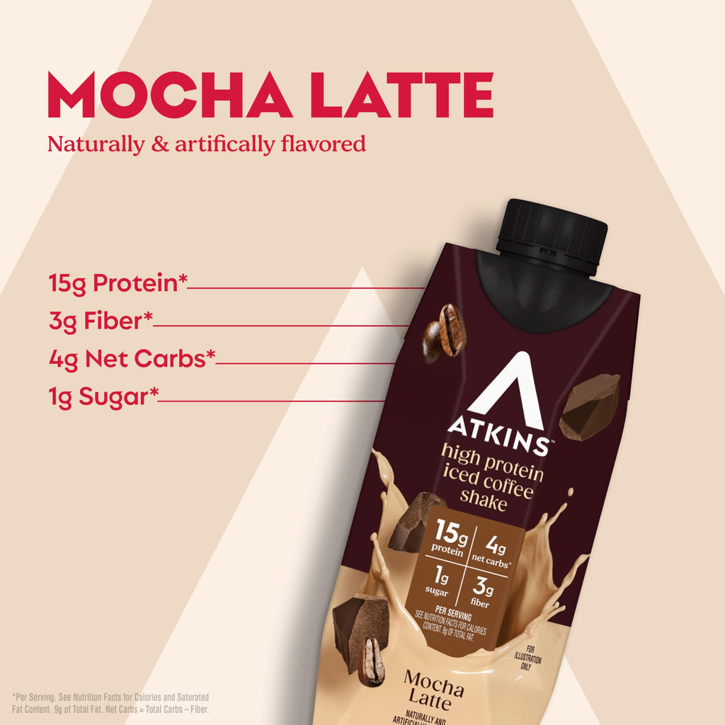 Atkins Mocha Latte Iced Coffee Flavored Protein Shake, High Protein, Low Glycemic, Low Carb and Low Sugar Shakes, Keto-Friendly, 12 Pack