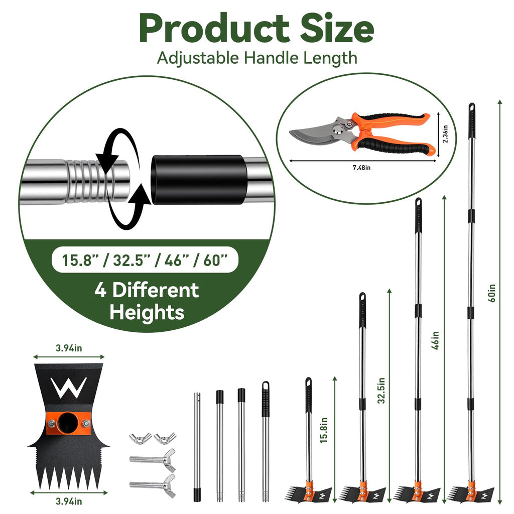 Garden Hoe & Weed Puller Tool with Long Handle, 60 Inch,Manual Weed Remover Tool, 3-in-1 Weed Rake & Grabber & Pruning Shears, Dandelion Gardenia Heavy Duty Uprooting Tool for Yard, Lawn and Garden