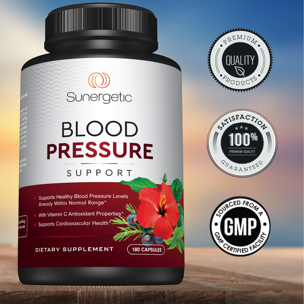 Sunergetic Premium Blood Pressure Support Supplement for Cardiovascular & Heart Health with Garlic, Hawthorn & Hibiscus (180 Capsules)