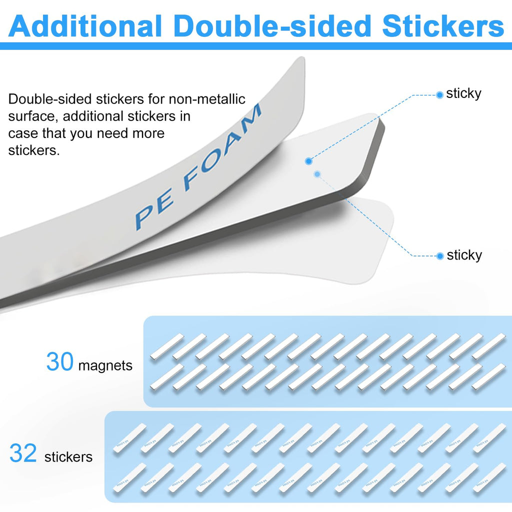 Rare Earth Magnets, Caturledas 30 Pack Heavy Duty Strong Neodymium Magnets with Double Sided Adhesive, Rectangular Bar Magnetic Strip for Window Curtain Indoor Outdoor Light Lamp, 60x10x3 mm, Silver