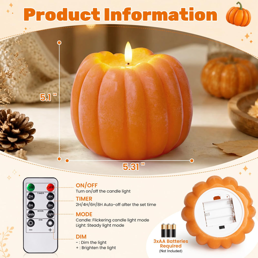 ARIKJ Fall Decorations for Home, Large Flameless Pumpkin Candle, Orange
